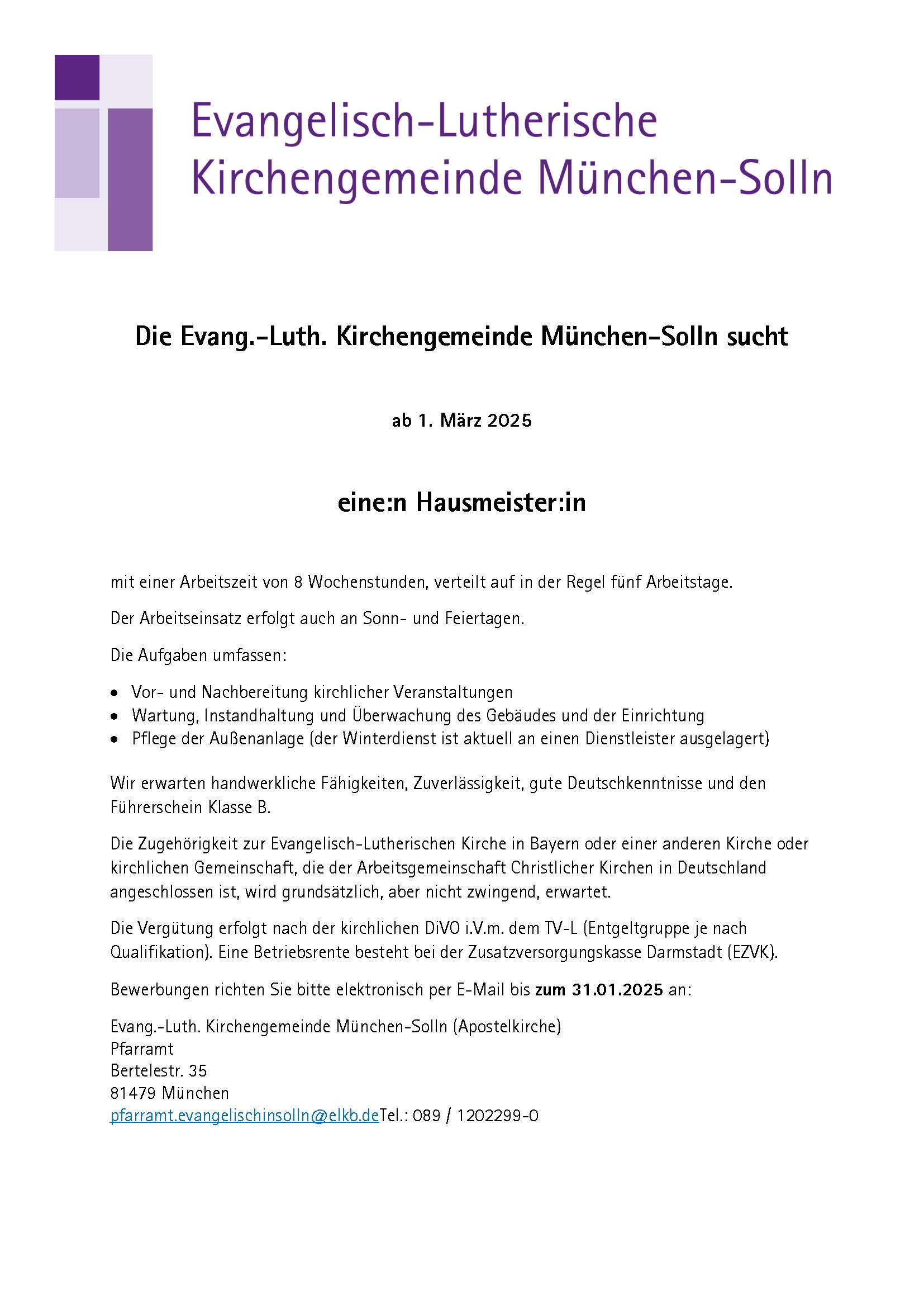 Stellenausschreibung Hausmeister (w/m/d) für die Evangelischen Kirche München Solln